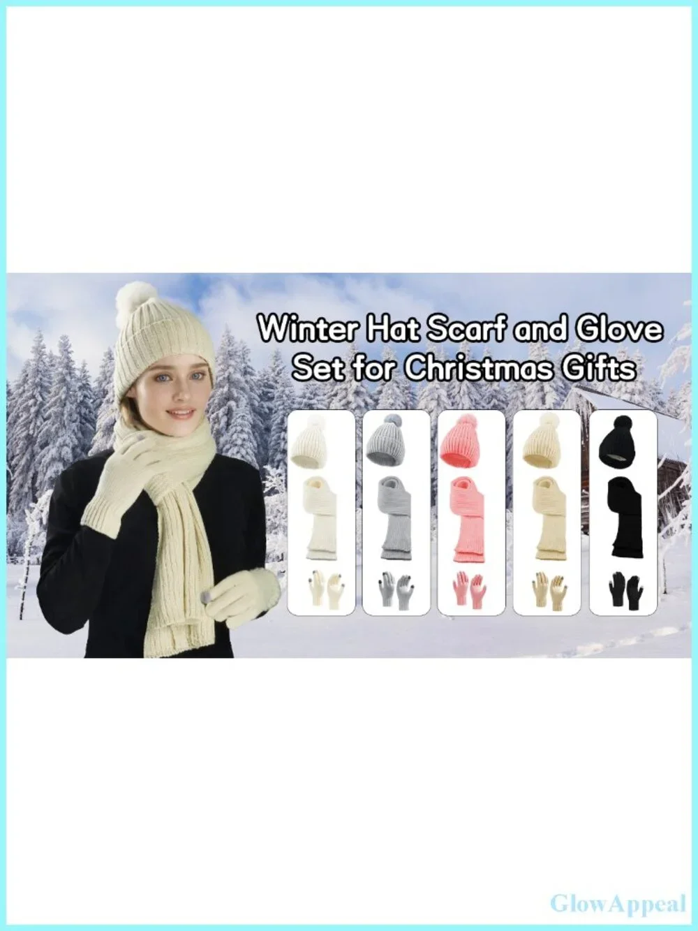 Winter Beanie Hat Scarf Gloves Set, Fleece Lined Knit Pompom Touchscreen